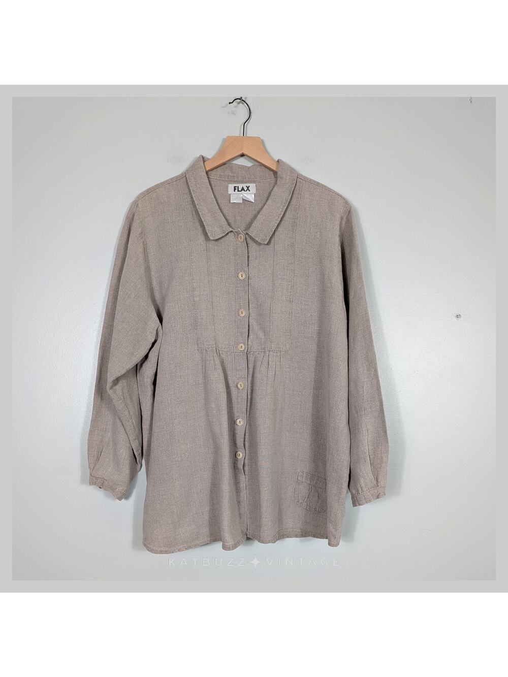 Flax Linen Long Sleeve Top L Tan Brown Khaki Collar Lagenlook Artsy Minimalist